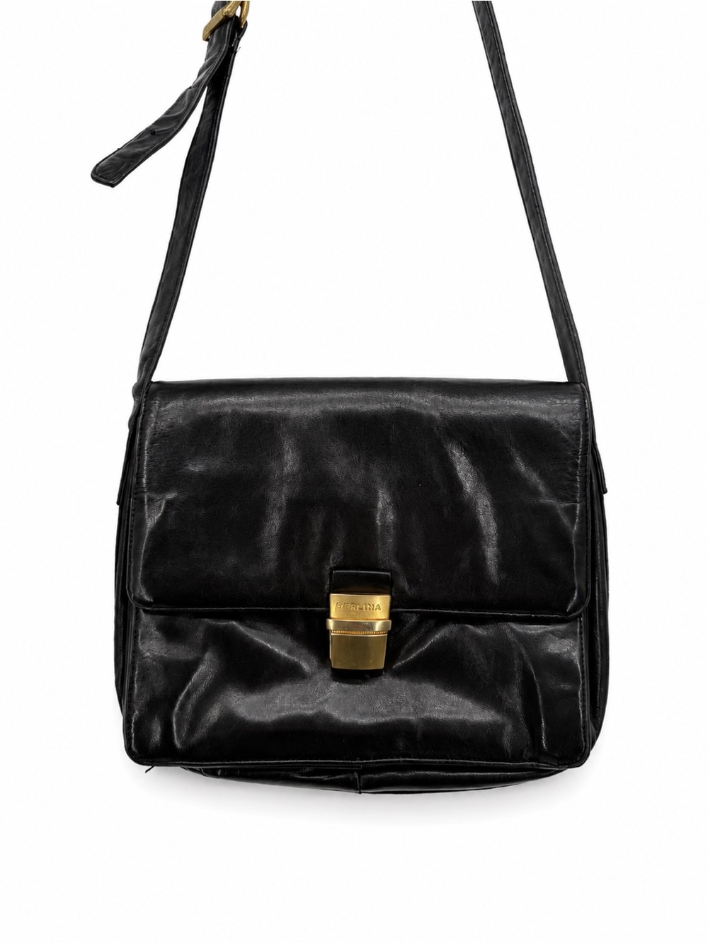 Perlina Black Leather Crossbody Purse Vintage Classic Neutral Bag Gold Tone